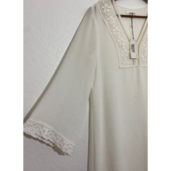 NWT Sophie Max Size Medium Cream Shift Dress Lace Neckline Bell Sleeves Beachy - Picture 4 of 9